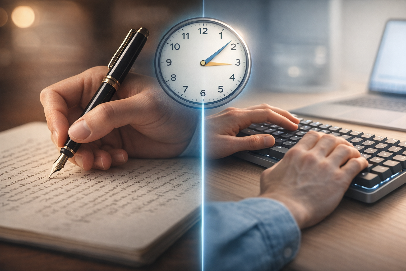 Different ways to write: pen versus keyboard comparison showing traditional vs modern writing methods
